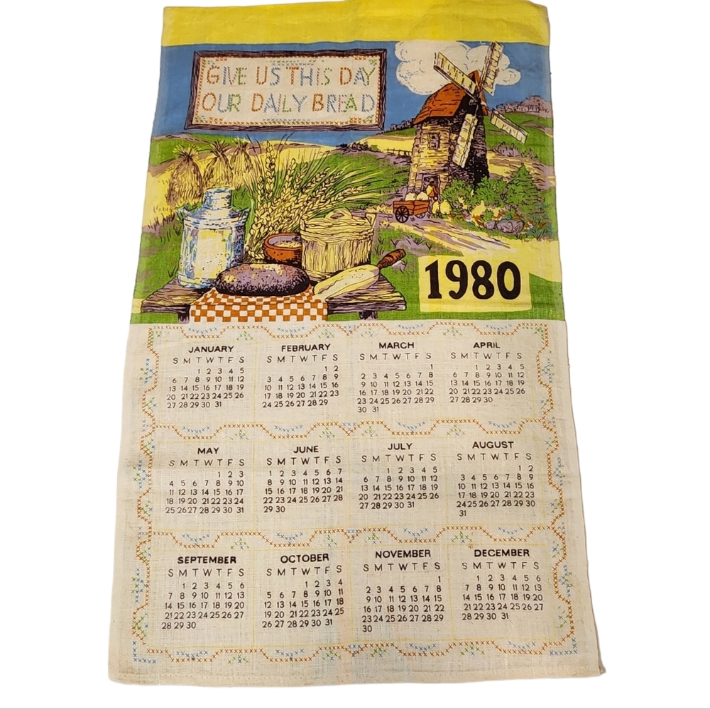 Vintage "Give Us This Day Our Daily Bread" Calendar Tea Towel 1980